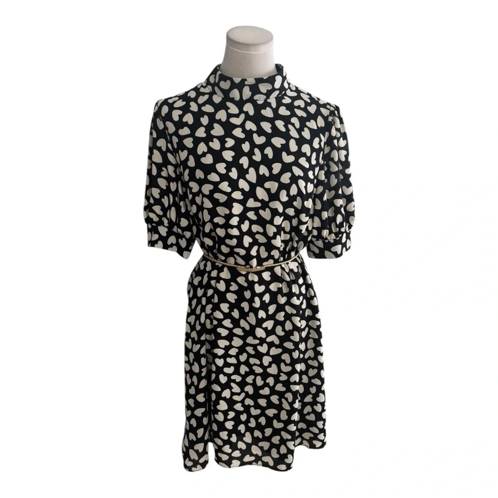 ANN TAYLOR Heart Mock Neck Shift Dress Black White Sz M Short Sleeve‎ Work Party